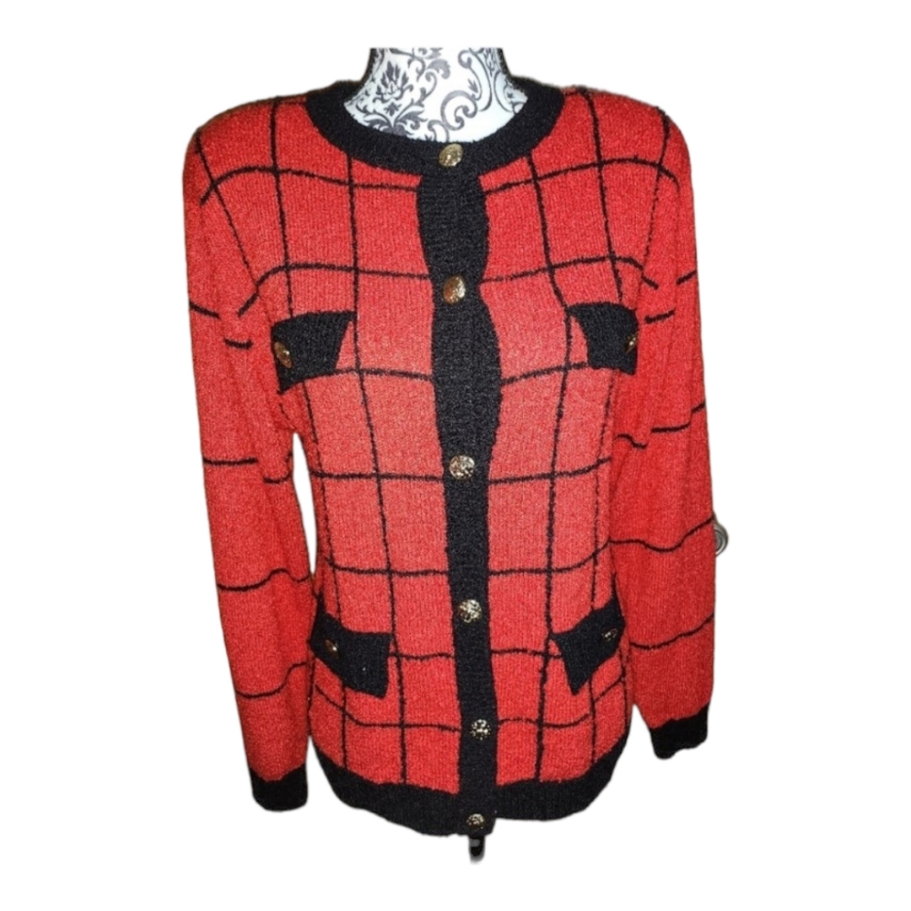 VINTAGE!!! WORTHINGTON RED/BLACK BUTTON UP SWEATER W/GOLD BUTTONS SIZE S